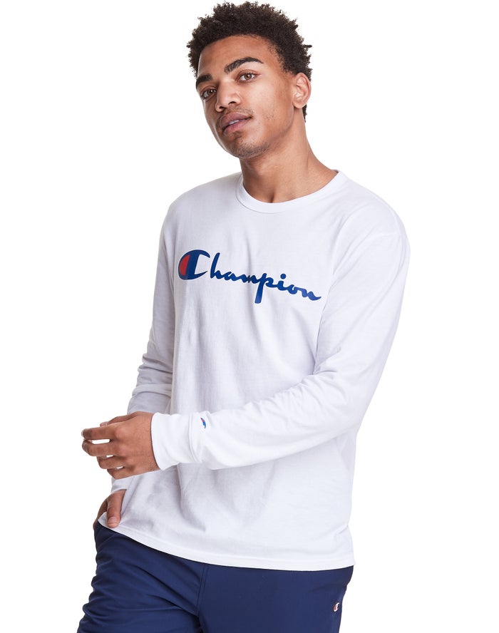 Champion T-Shirt Heren - Wit - Long-Sleeve Lightweight Script Logo ( 693257-BEQ )